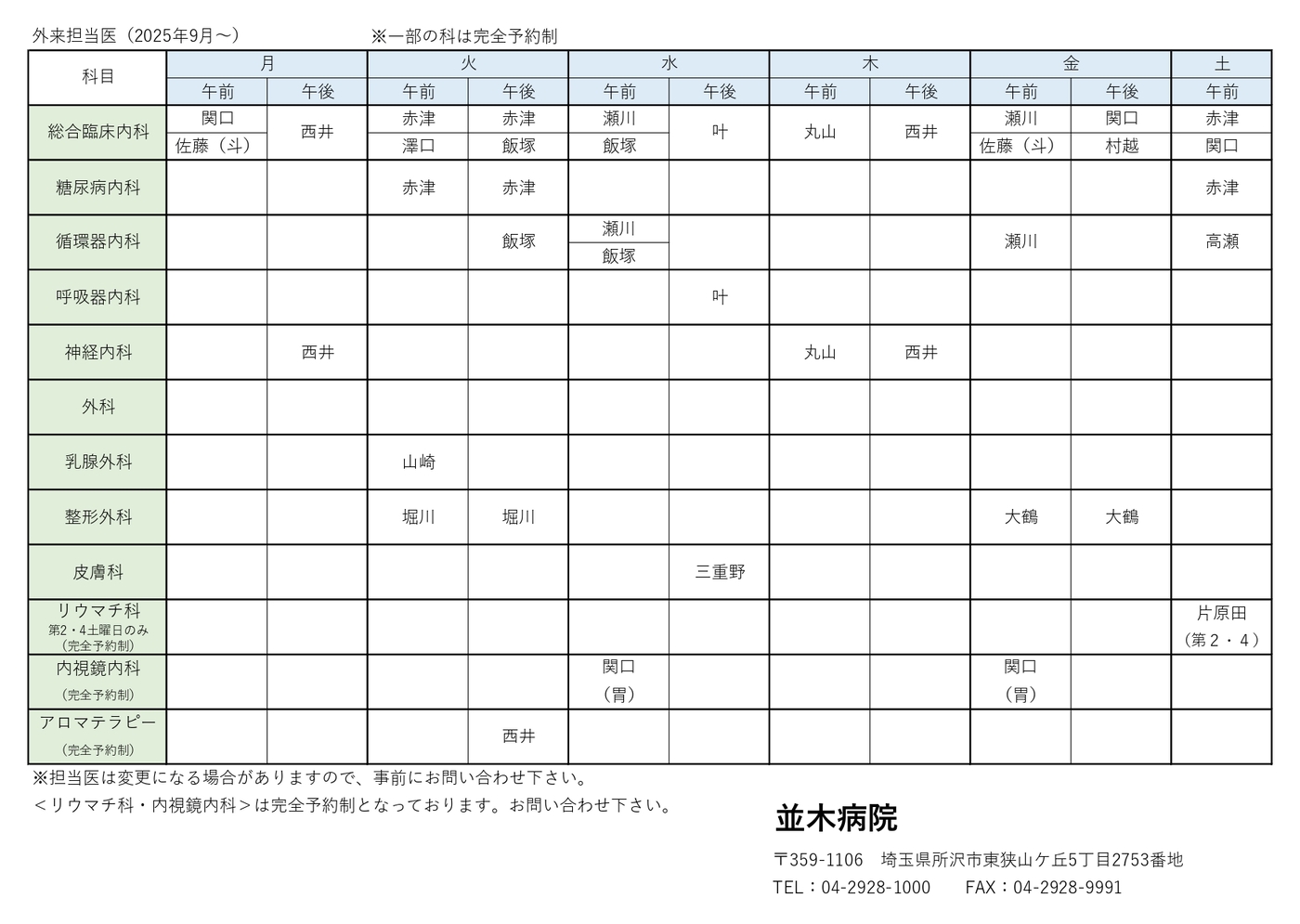 外来担当医表
